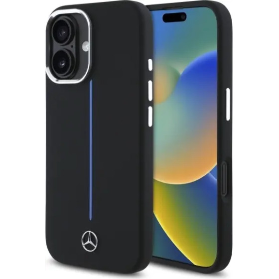 Mercedes Silicone Blue Stripe MagSafe iPhone 16 Case - Black - (Mer008333-0)