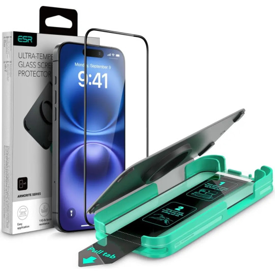 ESR Armorite Tempered Glass for iPhone 16 with Applicator - with Black Frame - (26247-0)