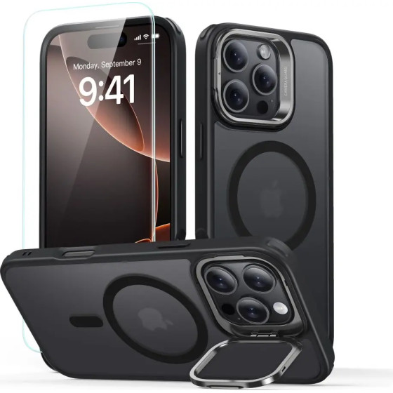 ESR Classic Hybrid Kickstand Halolock MagSafe Case Set + Tempered Glass for iPhone 16 Pro - Black - (25554-0)