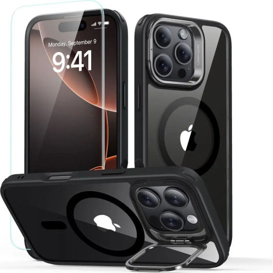 ESR Classic Hybrid Kickstand Halolock MagSafe Case with Stand + Tempered Glass for iPhone 16 Pro Max - Clear with Black Frame - (25556-0)