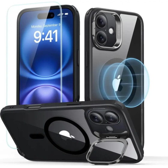 ESR Classic Hybrid Kickstand Halolock MagSafe iPhone 16 Plus + Tempered Glass Screen Protector - Black - (25551-0)