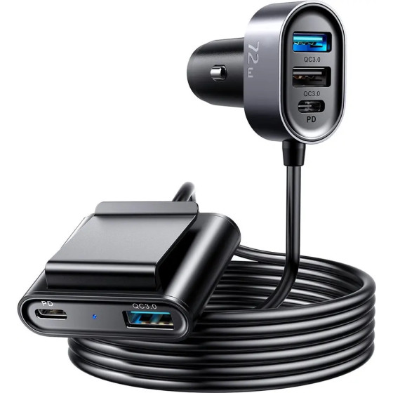 Joyroom Car Charger 2xPd + 2xQC3.0 72W 1.5m Black (JR-CL05) - (Joyroom JR-CL05 72W 5 Port Multi-Port (2PD+3QC3.0) Fast Car Charger 1.5M Black)