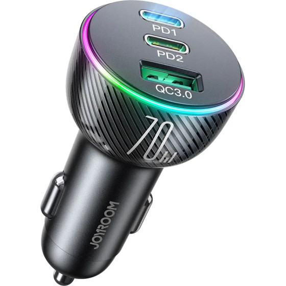 Joyroom Car Charger 70W With 3 ports: USB, 2 x Usb C Black (JR-CL26) - (Joyroom CL26 70W 3 Port (2PD+1USB) Car Charger Black)