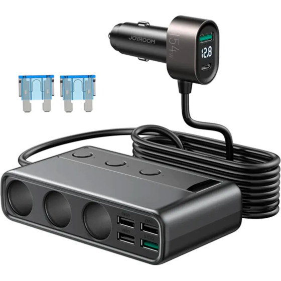 Joyroom JR-CL06 9in1 Car Charger 154W 5x USB-A / USB-C / 3x Cigarette Lighter Socket Pd Qc Pps - Black - (Joyroom JR-CL06 154W Car Cigarette Lighter Adapter With 3 sockets+6 Ports (PD+QC3.0+USB*4) Black)