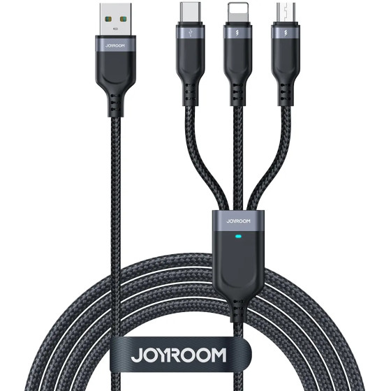 Joyroom Multi-Use Series S-A18 3in1 USB-A - Lightning / USB-C / Micro Usb Cable 0.3m - Black - (Joyroom S-1T3018A18 Multi-Use Series 3.5AUSB-AtoLightning+Type-C+Micro3-in-1DataCable0.3m Black)