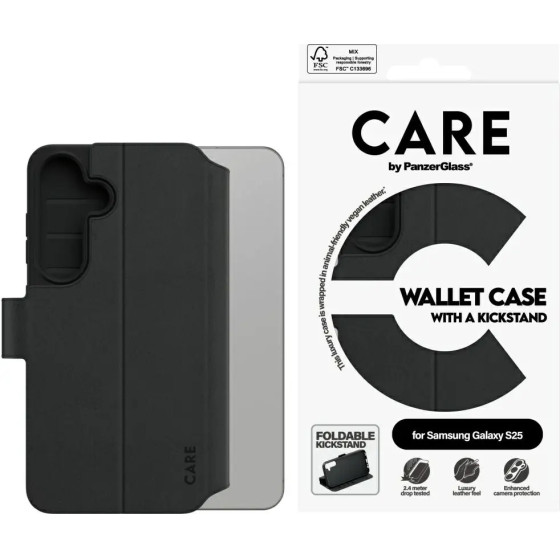 PanzerGlass CARE by Feature Wallet Kickstand Case for Samsung Galaxy S25 - Black - (PAN001048-0)