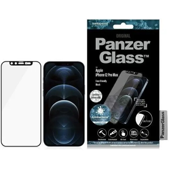 PanzerGlass E2E Microfracture Antibacterial Glass with Camera Cover with Swarovsky Crystal for iPhone 12 Pro Max - with Black Frame - (PAN000140-0)