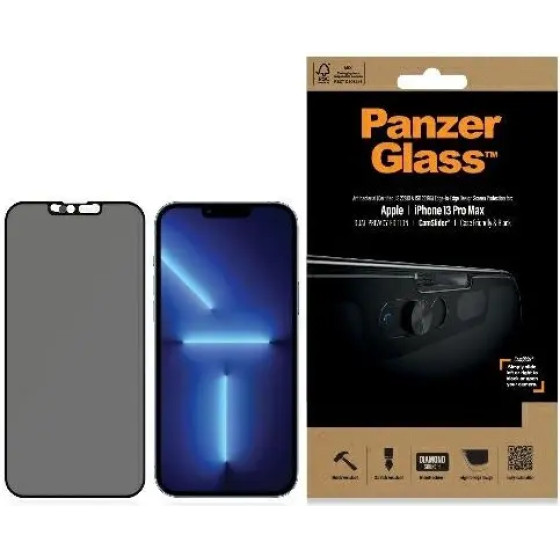 PanzerGlass E2E Microfracture Antibacterial Privacy Glass with Camera Protector for iPhone 13 Pro Max - With Black Frame - (PAN000285-0)