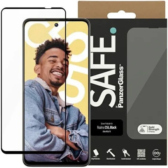 PanzerGlass SAFE by Ultra-Wide Fit Tempered Glass on Realme C55 - with Black Frame - (PAN000525-0)