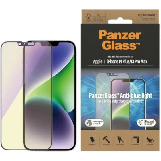 PanzerGlass Ultra-Wide Fit Antibacterial Tempered Glass with Blue Light Filter and Positioner for iPhone 14 Plus / 13 Pro Max - (PAN000403-0)