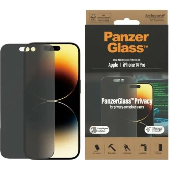 PanzerGlass Ultra-Wide Fit Tempered Glass Antibacterial Privacy with Positioner for iPhone 14 Pro - (PAN000384-0)
