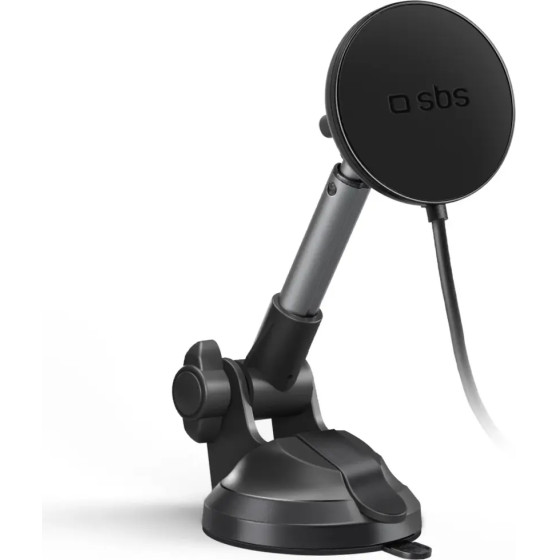 SBS Telescopic smartphone holder with inductive charger with suction cup, compatible with MagSafe - black - (TESUPPMAG15WLONGARM)
