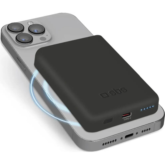 SBS Wireless Power Bank 5000 mAh USB-C, MagSafe Compatible - Black - (TEBB5000MAG1CK)