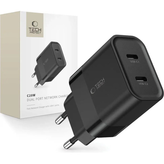 Tech-Protect C20W charger 2x USB-C PD 20W - black - (24395-0)