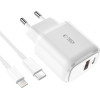 Tech-Protect C20W USB-C PD 20W / USB-A QC 3.0 Charger with USB-C / Lightning Cable - White - (22240-0)