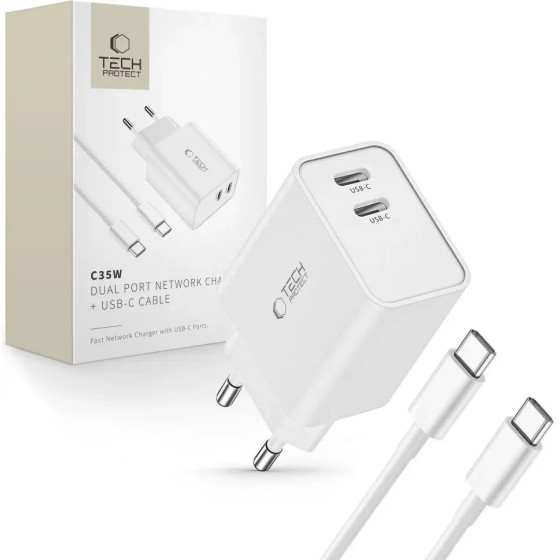 Tech-Protect C35W 2x USB-C PD 35W charger with USB-C / USB-C cable - white - (24176-0)