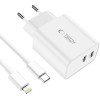 Tech-Protect C35W 2x USB-C PD 35W Wall Charger with USB-C / Lightning Cable - White - (24177-0)
