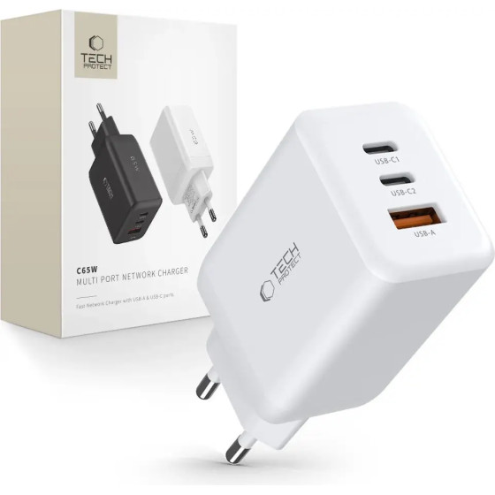 Tech-Protect C65W charger 2x USB-C PD 65W / USB-A QC 3.0 - white - (23346-0)