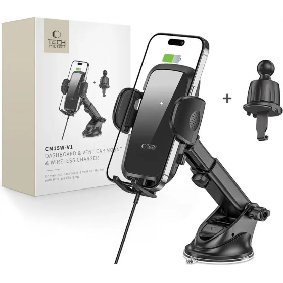 Tech-Protect CM15W-V1 Car Phone Holder with 15W Inductive Charger for Cockpit/Air Vent - Black - (23460-0)
