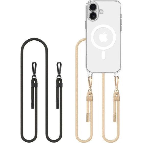 Tech-Protect FlexAir Chain MagSafe iPhone 16 Case - Clear + 2 Lanyards (Black & Taupe) - (25507-0)