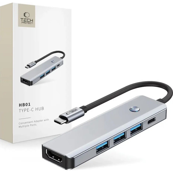 Tech-Protect HB01 HUB Adapter 5in1 USB-C + USB3.0 + HDMI 4K 60Hz + PD100W - gray - (27298-0)