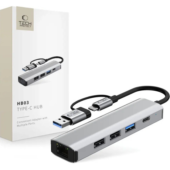 Tech-Protect HB03 HUB Adapter 5in1 USB-C + USB2.0 + USB3.0 + RJ45 - gray - (27296-0)