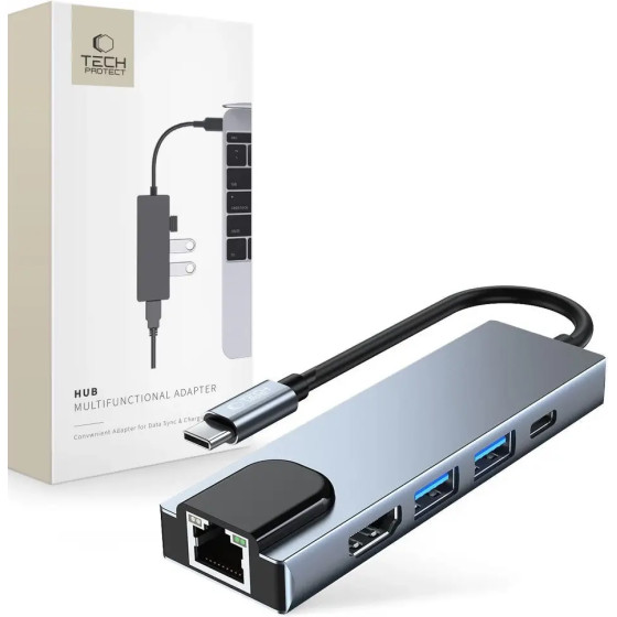Tech-Protect HUB V3 5in1 USB-C - USB-A 3.0 / USB-A 2.0 / USB-C / HDMI / RJ45 - gray - (20239-0)