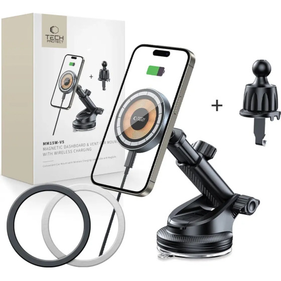 Tech-Protect MM15W MagSafe Car Holder with 15W Inductive Charger for Air Vent and Dashboard - Black - (26055-0)