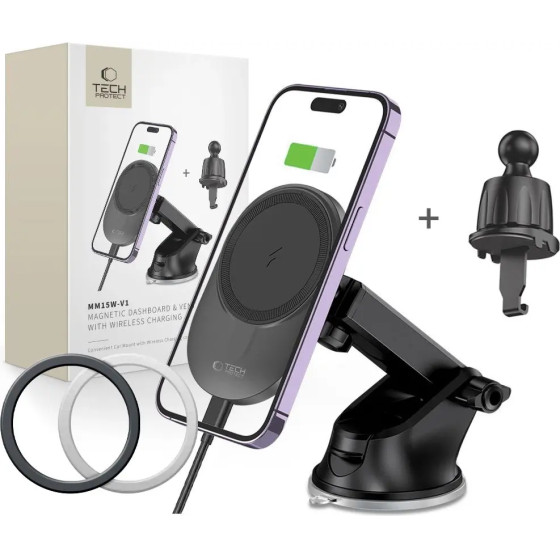 Tech-Protect MM15W-V1 Car Phone Holder with MagSafe 15W Wireless Charger for Cockpit/Air Vent - Black - (22650-0)