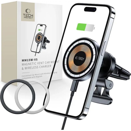 Tech-Protect MM15W-V5 Car Phone Holder with MagSafe 15W Inductive Charger for Air Vent - Black - (23335-0)