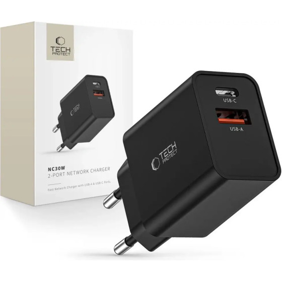Tech-Protect NC30W Charger USB-C PD 30W / USB-A QC 3.0 - Black - (23416-0)