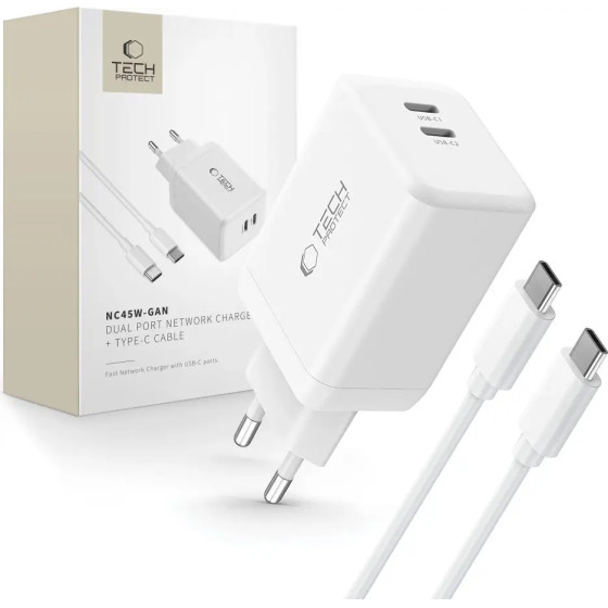 Tech-Protect NC45W-GAN 2-PORT PD45W Charger + TYPE-C CABLE - white - (26708-0)