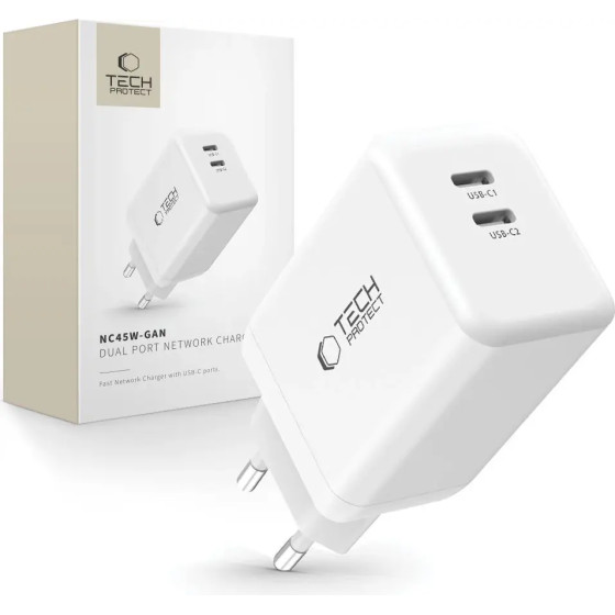 Tech-Protect NC45W-GAN 2-PORT PD45W Charger - White - (26707-0)