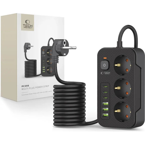 Tech-Protect PC3X6 Power Strip 3 Sockets 240V + 3xUSB-A + 3xUSB-C 200cm - Black - (26158-0)