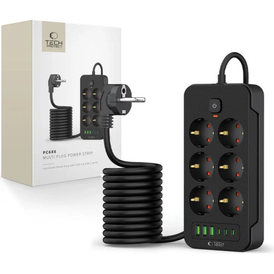 Tech-Protect PC6X6 Power Strip 6 Sockets 240V + 3xUSB-A + 3xUSB-C 200cm - Black - (26159-0)
