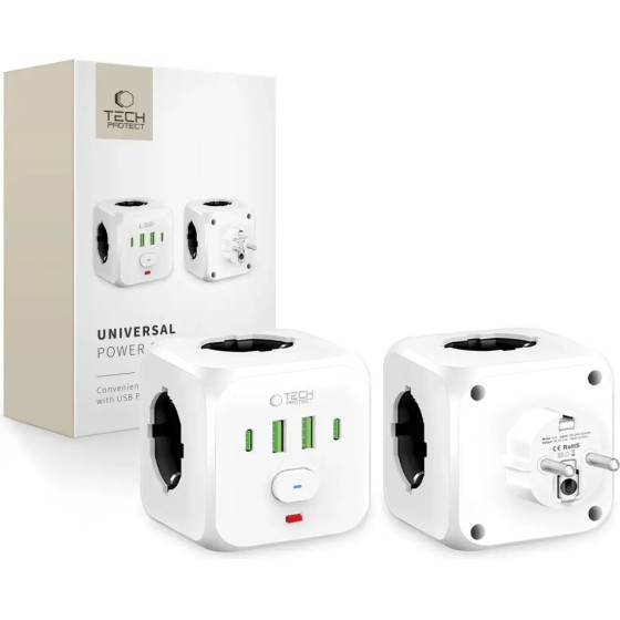 Tech-Protect PCL3x4 Power Strip, 2x USB-A, 2x USB-C, 3x AC Type Schuko - White - (27203-0)