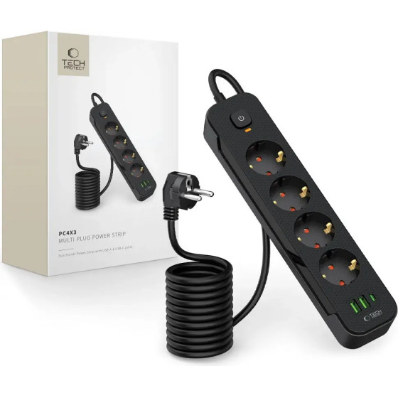 Tech-Protect PCL4X3 Power Strip 4 Sockets 240V + 2xUSB-A + 1xUSB-C 200 cm - Black - (26195-0)