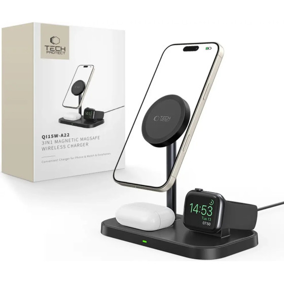 Tech-Protect QI15W-A22 MagSafe Inductive Charger with 3in1 MagSafe Stand for Smartphone / Apple Watch / AirPods - Black - (22642-0)