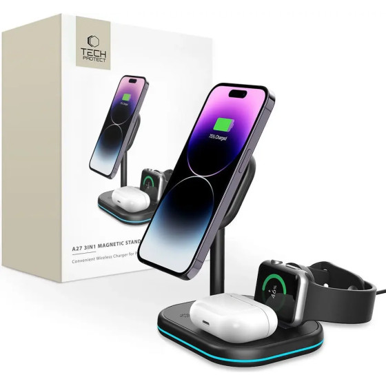 Tech-Protect QI15W-A27 3-in-1 Inductive Charger with MagSafe Stand for Smartphone / Apple Watch / AirPods - Black - (23343-0)