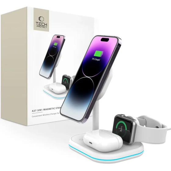 Tech-Protect QI15W-A27 3-in-1 inductive charger with MagSafe stand for smartphone / Apple Watch / AirPods - white - (23344-0)