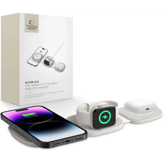 Tech-Protect QI15W-A32 3-in-1 Inductive Charger with MagSafe for Smartphone / Apple Watch / AirPods - Gray - (25159-0)