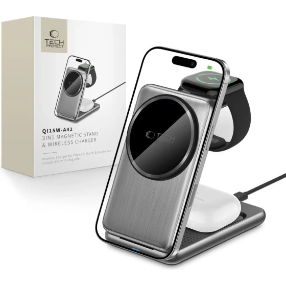 Tech-Protect QI15W-A42 3in1 Inductive Charger with MagSafe for Apple Devices - Gray - (27129-0)