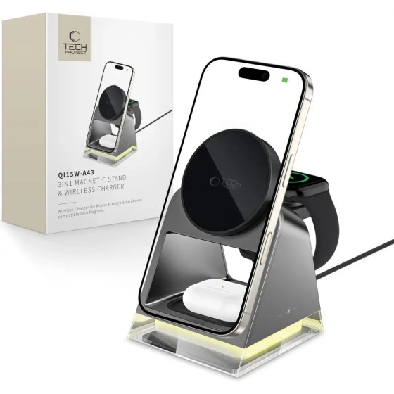 Tech-Protect QI15W-A43 3in1 Wireless Charger with MagSafe for Apple Devices - Black - (27009-0)