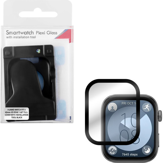 Volte-Tel Tempered Plexi Glass Huawei Watch Fit 3 43mm 3D Edge 1.82'' 9H 0.30mm Full Cover With Installation Tool BLACK - (5205308374715)