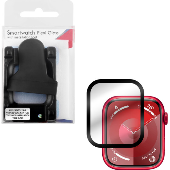 Volte-Tel Tempered Plexi Glass Apple Watch 7/8/9 41mm 3D Edge 1.69'' 9H 0.30mm Full Cover With Installation Tool BLACK - (5205308374678)