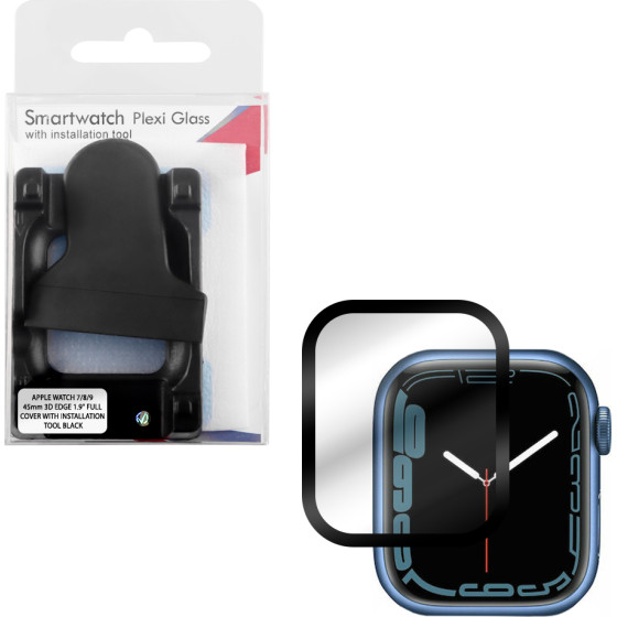Volte-Tel Tempered Plexi Glass Apple Watch 7/8/9 45mm 3D Edge 1.9'' 9H 0.30mm Full Cover With Installation Tool BLACK - (5205308374685)