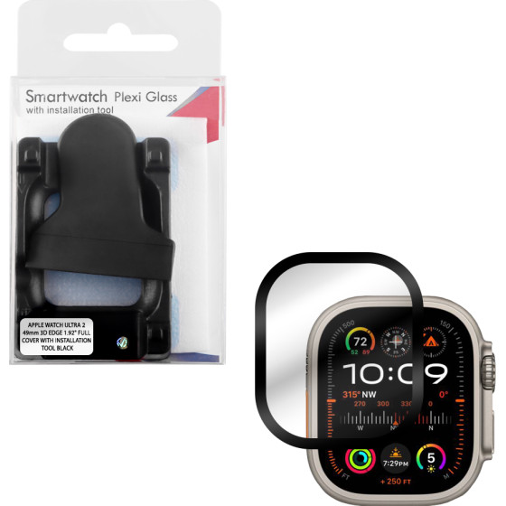 Volte-Tel Tempered Plexi Glass Apple Watch Ultra 2 49mm 3D Edge 1.92'' 9H 0.30mm Full Cover With Installation Tool BLACK - (5205308374692)