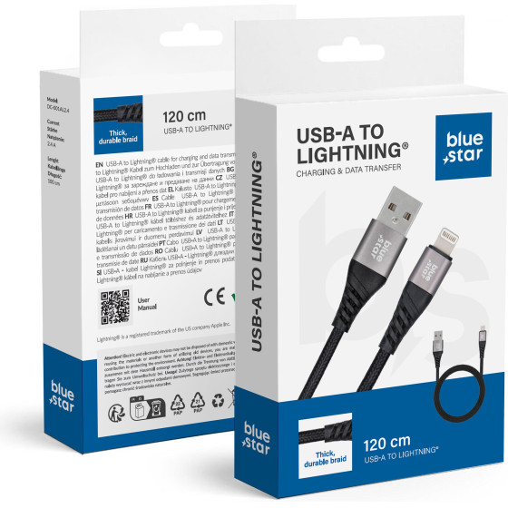 Blue Star Braided Cable 2,4A Usb A To Lightning TFK-DC-003 1,2 m black