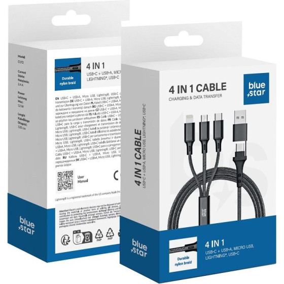 Blue Star Cable 4in1 Type C / Usb A To Micro Usb / Lightning / Type C 2,4A 12W Cafule C172 1,2 m black
