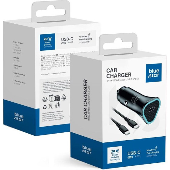 Blue Star Car Charger 3A 20W Type C + Cable Type C To Type C Pd QC3.0 Afc black